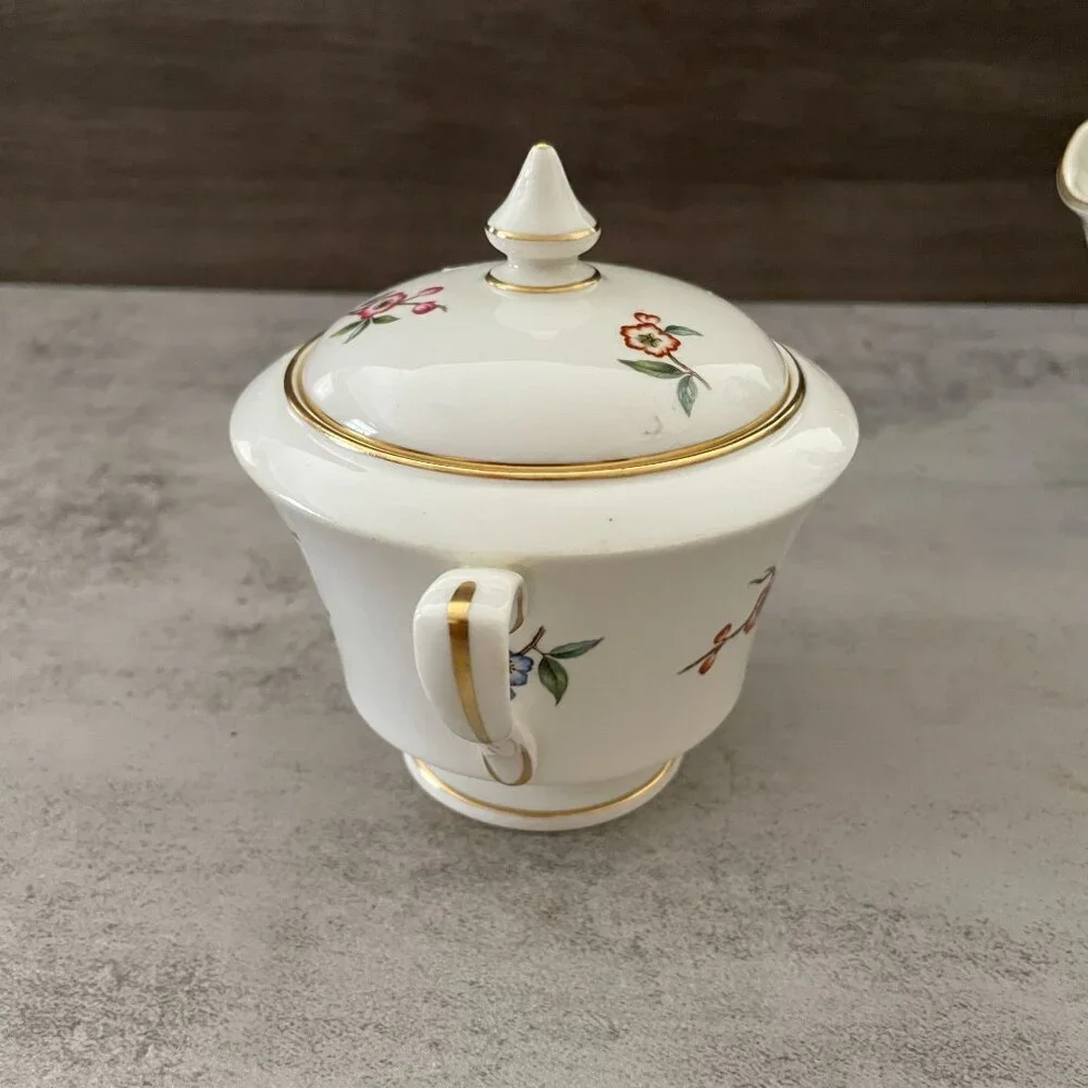 Vintage Royal Worcester Blossom Time Covered Sugar Creamer 3-PC Bone China MINT